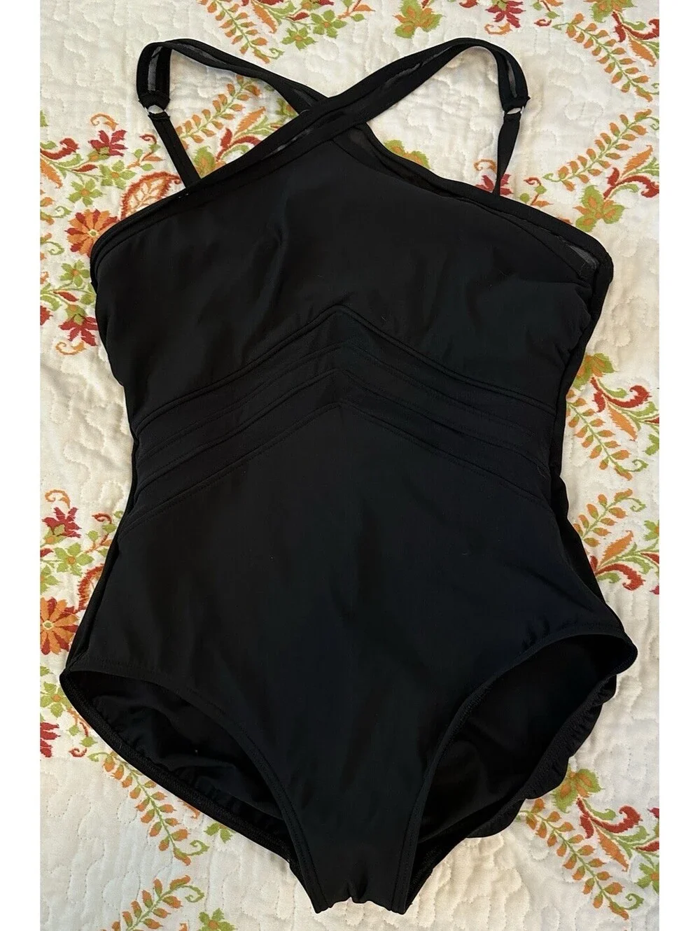 Miraclesuit Classic Black 1pc Halter Slimming Swimsuit Mesh Cutouts 12 EUC.